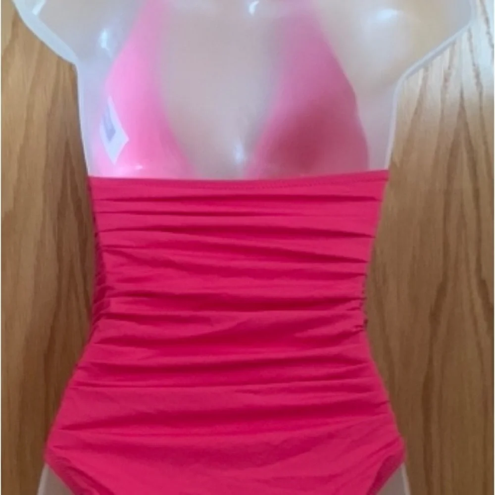 DKNY Hot Pink Halter Swimsuit With Ruching Small - Picture 2 of 8